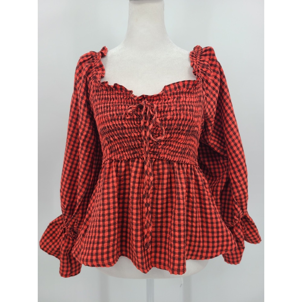 Gingham Smocked Western Peplum Top S Women Farm Country Coquette Prairie Peasant